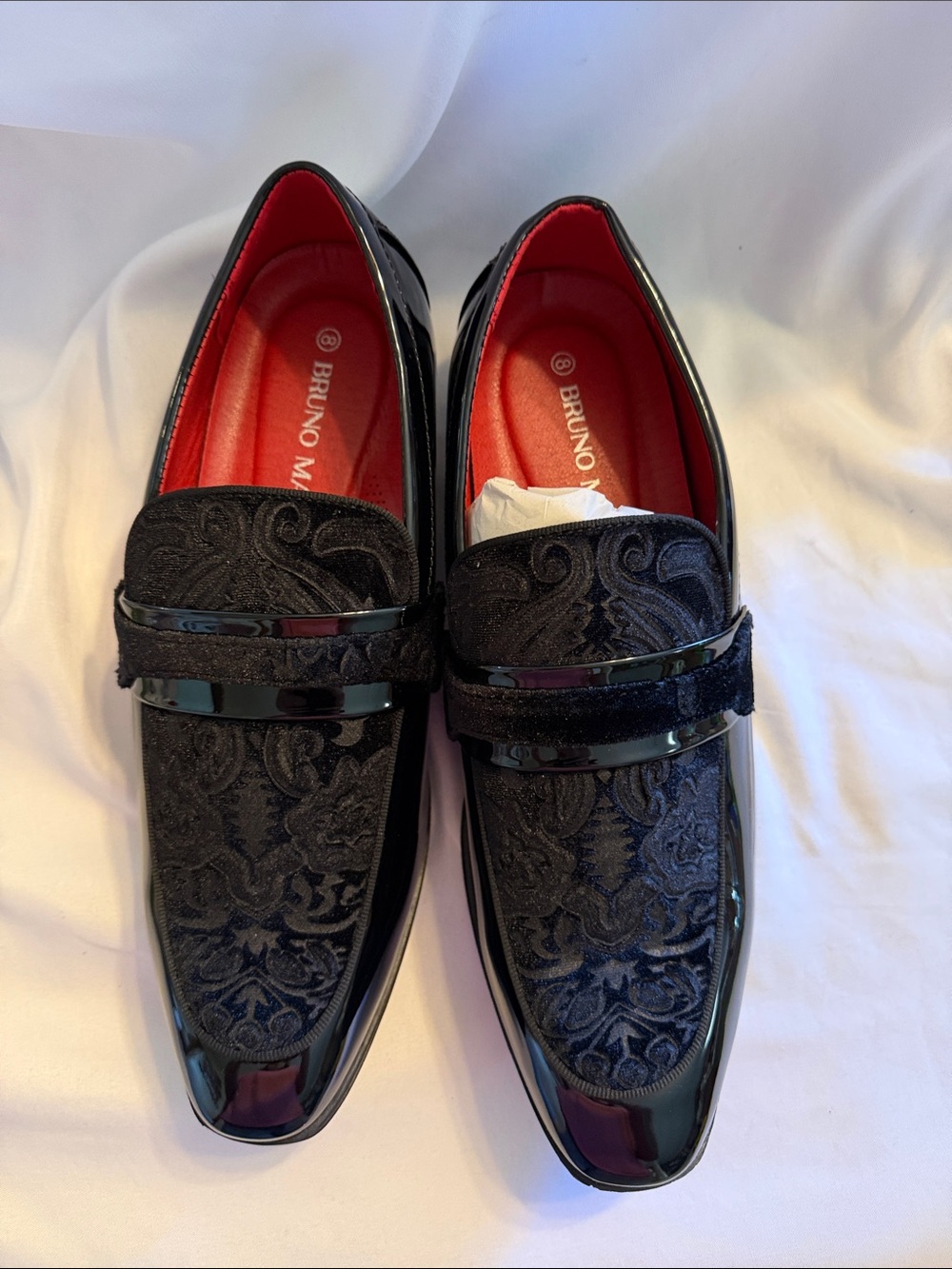 Bruno Magli Black Velvet Patterned Loafers with Red Interior